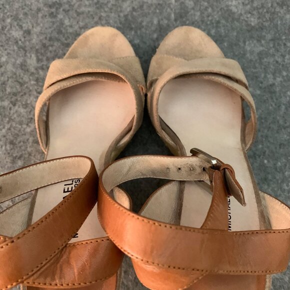 Michael Michael Kors Brown Tan Leather Suede Ankle Strap Peep Toe Wedge Sandals - Picture 9 of 12